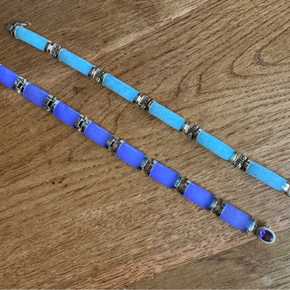 14k gold Jade and Amethyst Natural Gemstone Link Bracelets - Set of 2